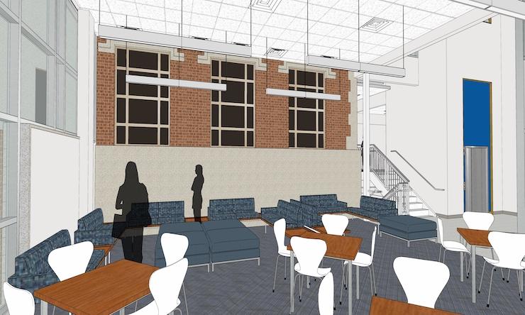 a 3d rendering of the student commons area inside mcmullen hall 